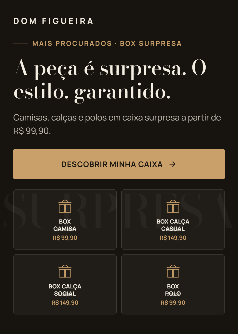 Box Surpresa Dom Figueira: a peça é surpresa, o estilo é garantido